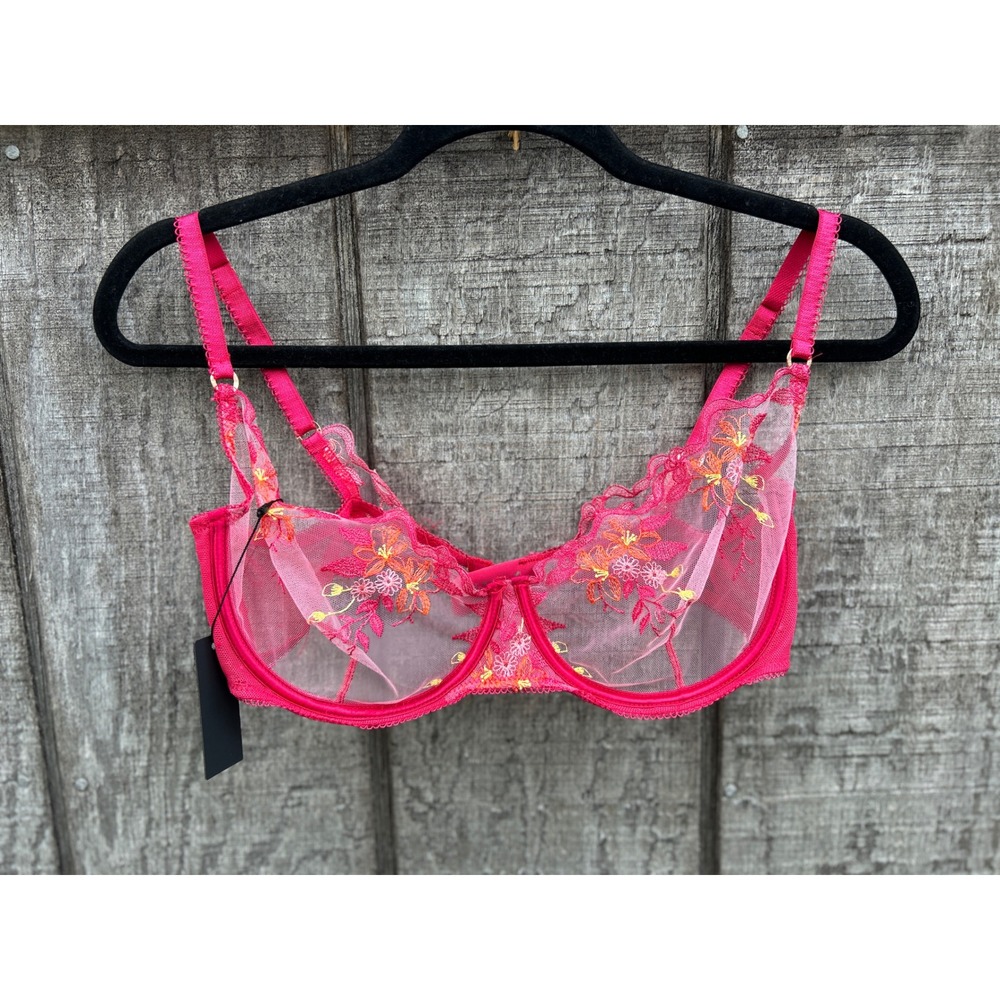 Lounge Underwear Peyton Balcony Bra Pink Floral Embroidered Sheer Mesh 36D NEW